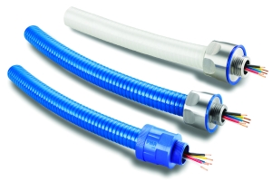 ABB PMA flexible conduit systems with stainless steel and nylon fittings, designed for hygienic food and beverage applications.